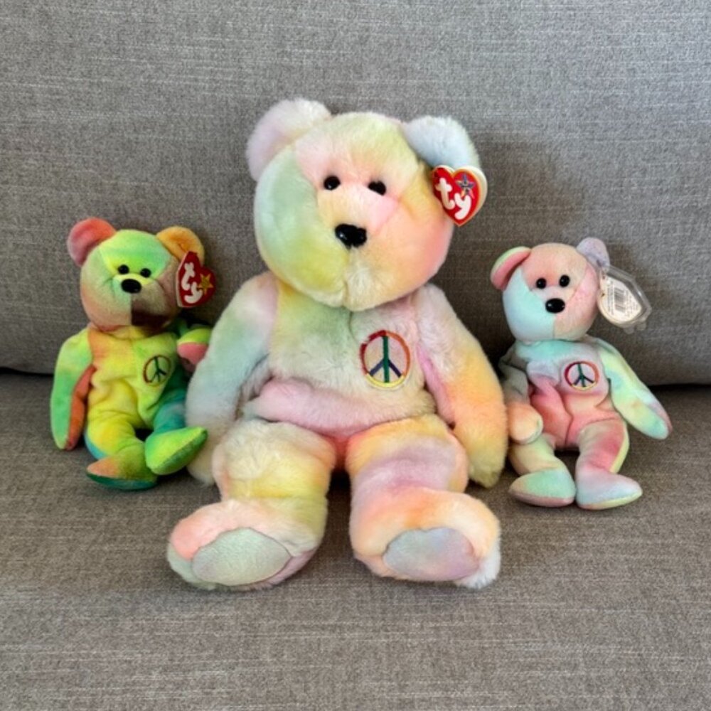 TY Beanie Babies Peace Bear Plush Lot of 3 Rainbow Tie-Dye Vintage